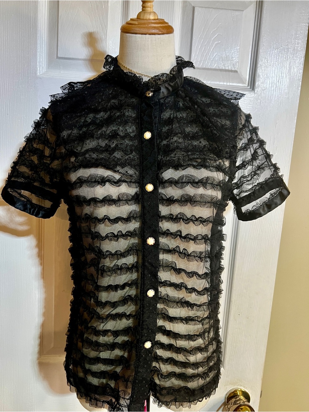 CQ By CQ Wms Black Sheer Ruffle Tulle High Neck Pearl Button Retro Gothic Top S